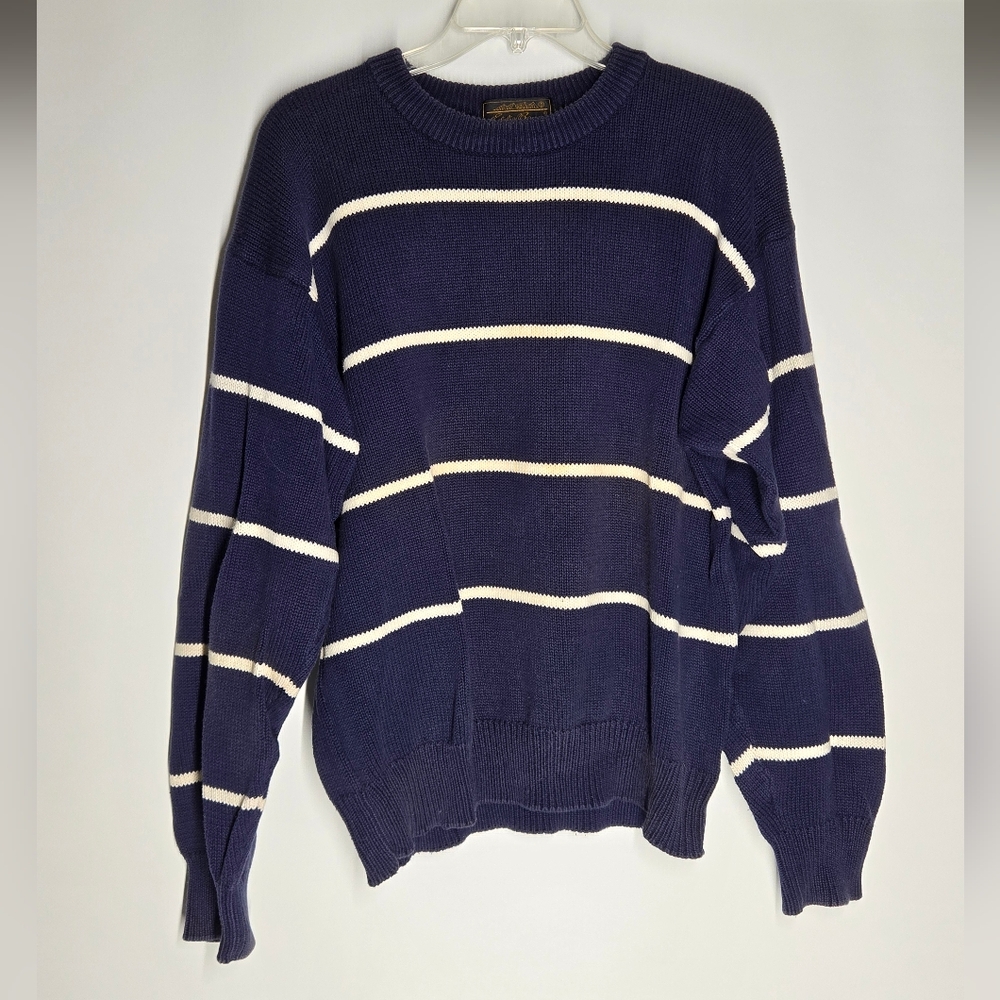 Eddie Bauer Navy Blue Crewneck Sweater with White Stripes